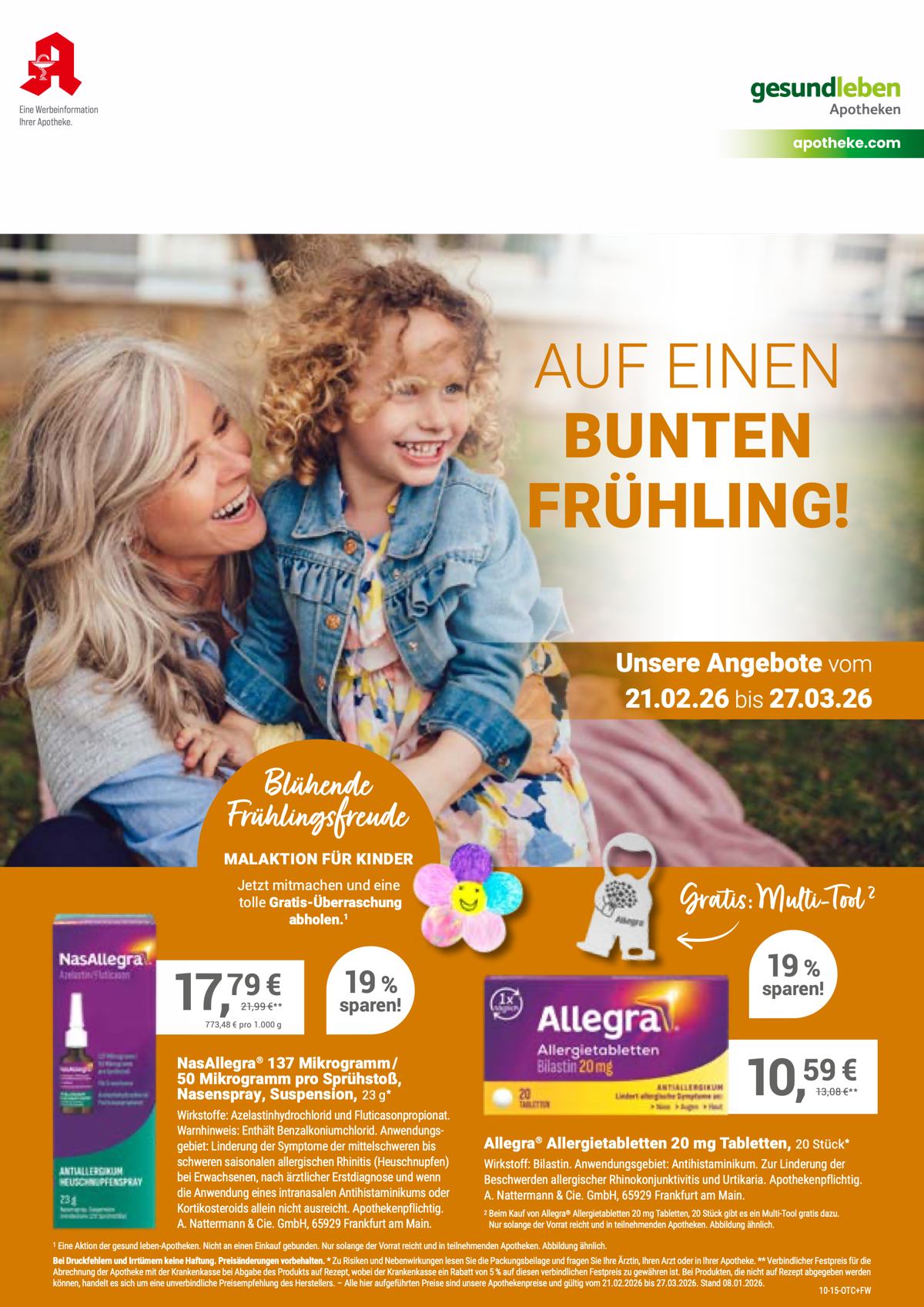 Monatlicher Angebotsflyer der Apotheke mit Informationen zu Öffnungszeiten, Leistungen, Aktionen und wechselnden Produkten aus Gesundheit und Pflege.