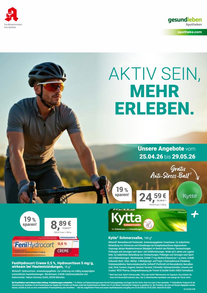 Monatlicher Angebotsflyer der Apotheke mit Informationen zu Öffnungszeiten, Leistungen, Aktionen und wechselnden Produkten aus Gesundheit und Pflege.