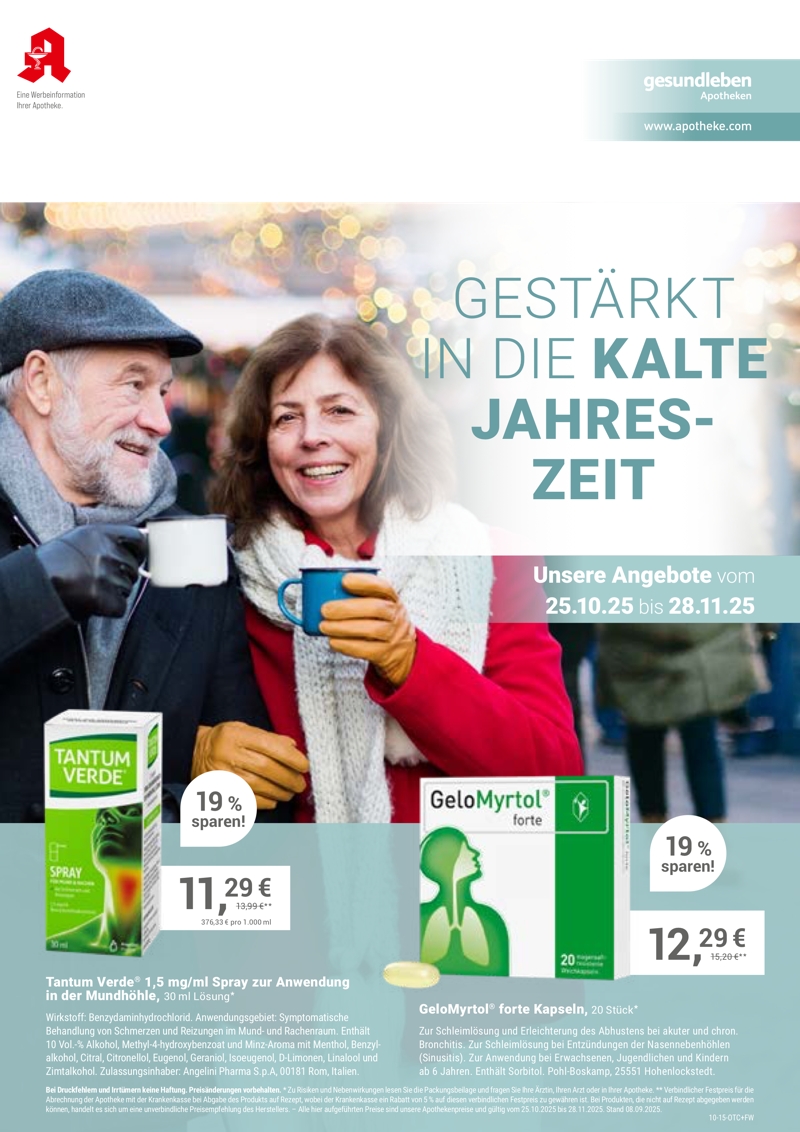 Monatlicher Angebotsflyer der Apotheke mit Informationen zu Öffnungszeiten, Leistungen, Aktionen und wechselnden Produkten aus Gesundheit und Pflege.
