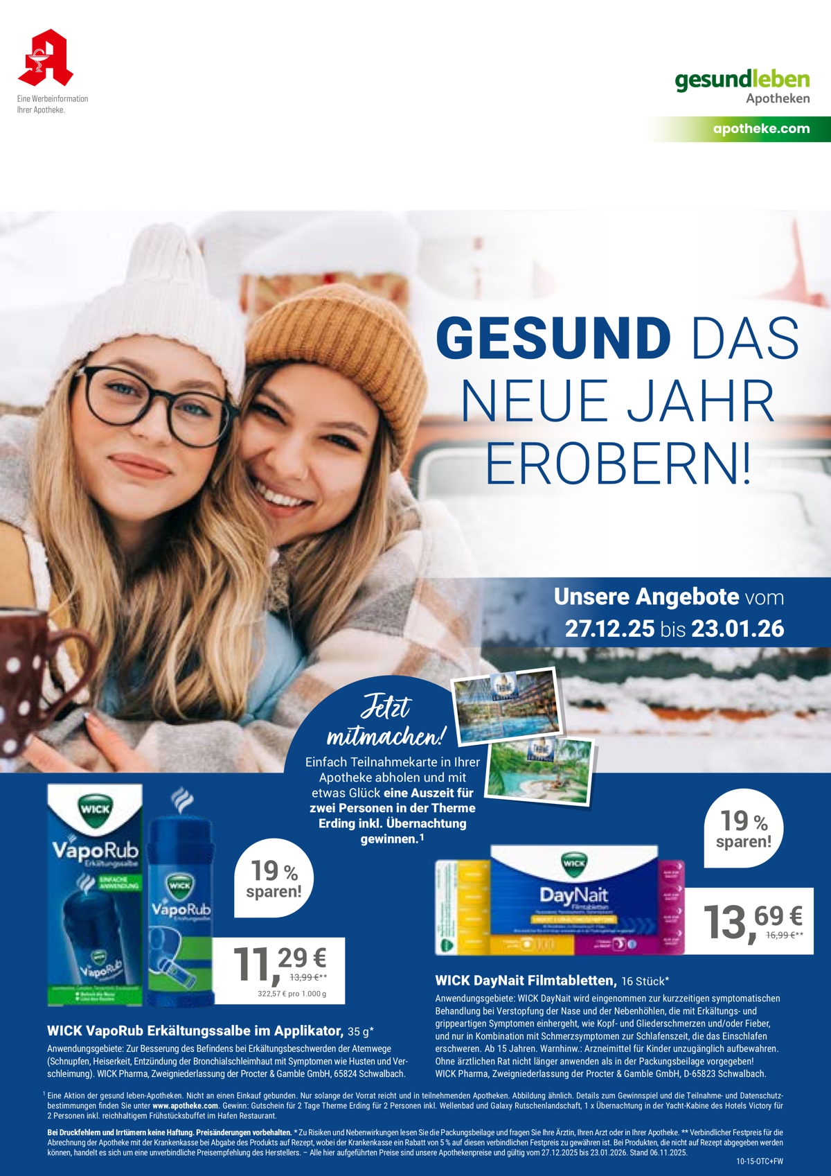 Monatlicher Angebotsflyer der Apotheke mit Informationen zu Öffnungszeiten, Leistungen, Aktionen und wechselnden Produkten aus Gesundheit und Pflege.