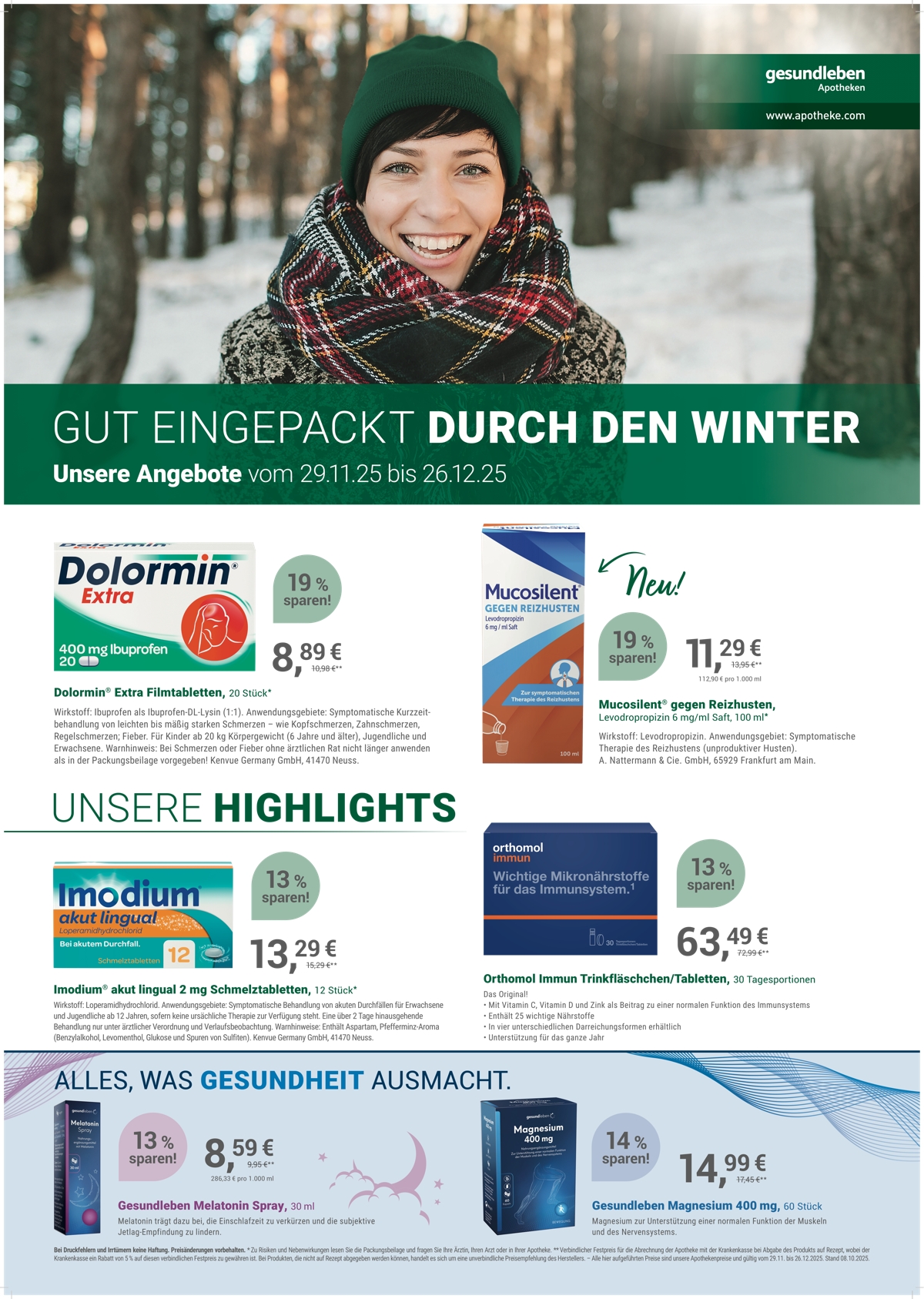 Monatlicher Angebotsflyer der Apotheke mit Informationen zu Öffnungszeiten, Leistungen, Aktionen und wechselnden Produkten aus Gesundheit und Pflege.