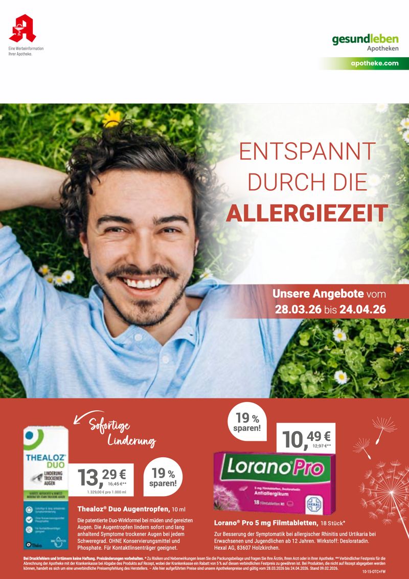Monatlicher Angebotsflyer der Apotheke mit Informationen zu Öffnungszeiten, Leistungen, Aktionen und wechselnden Produkten aus Gesundheit und Pflege.